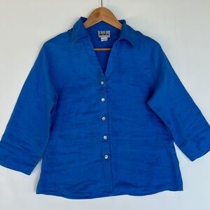 David N. 100% Linen Blue 3/4 Sleeve Collared Fitted Blouse
